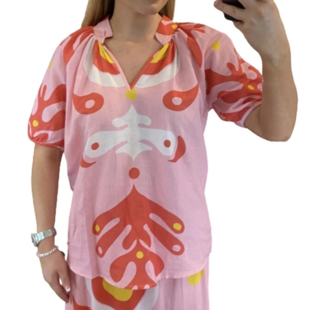SHERIDAN FRENCH Dana Shirt Pink Short Sleeve V Neck Linen